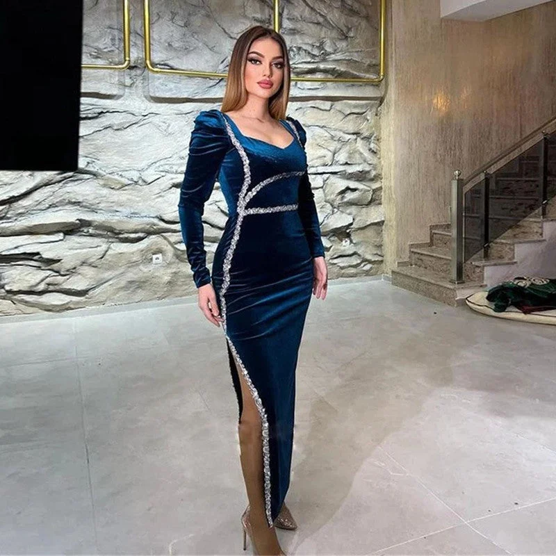 casual midi dressLong Sleeves Evening Dresses Velvet Mermaid Side Split Sexy Vestidos De Novia Square Neck Cocktail Party Prom Gowns,LW042