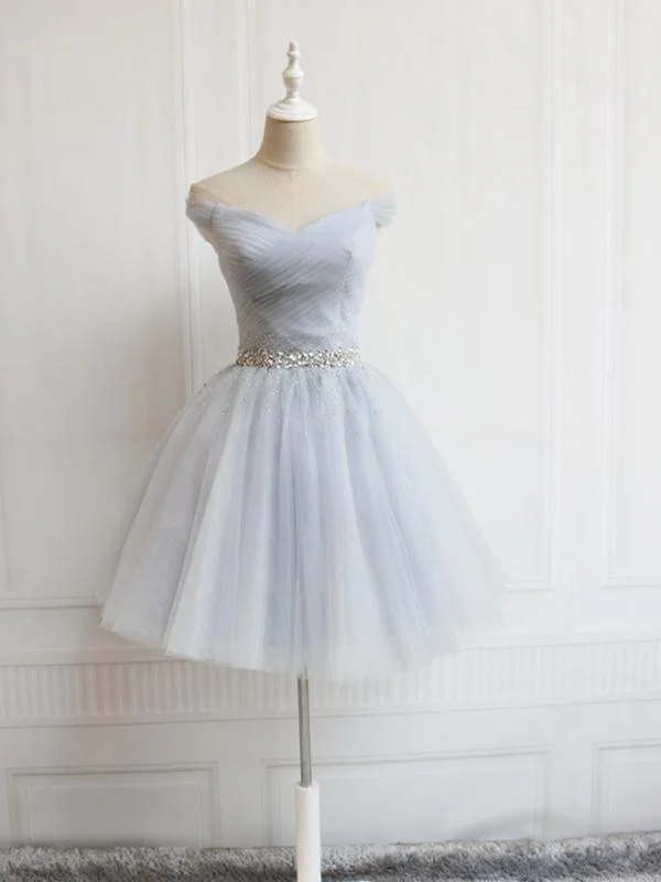 ruffle dressOff the Shoulder Short Gray Prom Dresses with Coset Back, Short Beaded Gray Graduation Homecoming Dresses,DS3082