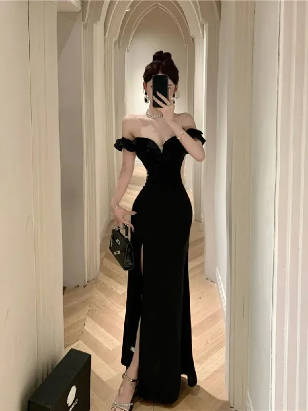 puff sleeve dressBlack Off Shoulder Mermaid Long Party Dress Elegant Birthday Party Dress, DP3624