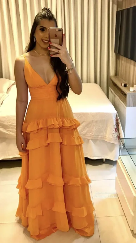 draped dressOrange Spaghetti Straps A-Line Ruffles Wedding Guest Dress Long Party Dress, DP3544