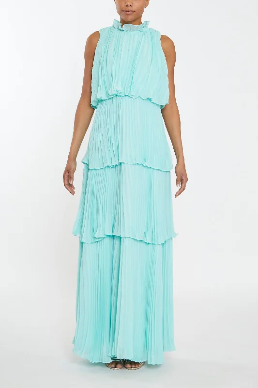 trendy dressTara Aqua Tiered Pleated Maxi Dress with High Ruffle Neck