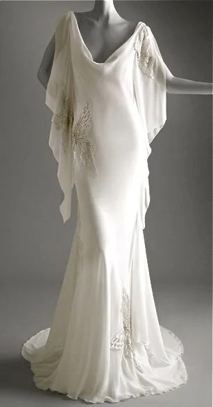 chic wrap dressElegant Ivory Appliques Mermaid Chiffon Vintage Long Party Dress, DP3434