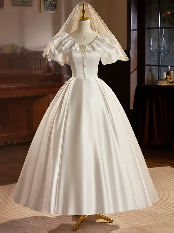 pleated maxi dressWhite Satin Short Sleeves Tea Length Retro A-Line Prom Dress,DP1648