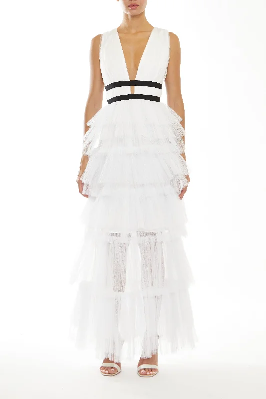 evening dressEliza White Plunging Neck Layered Tulle Skirt Maxi-Dress