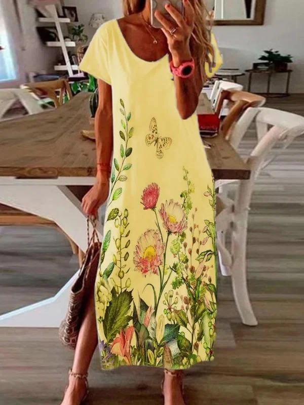 one-shoulder dressCasual Short Sleeve Flower Slit Dress