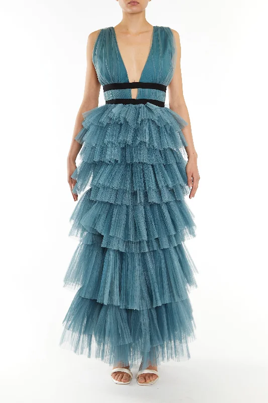 comfy maxi dressEliza Teal Blue Plunging Neck Layered Tulle Skirt Maxi-Dress