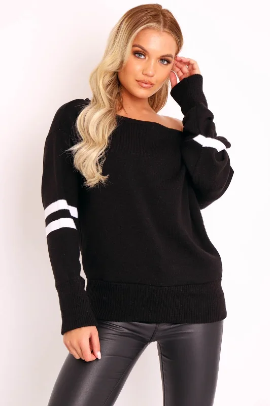 fashion pulloverBlack Stripe Off Shoulder Knit Jumper - Fifi