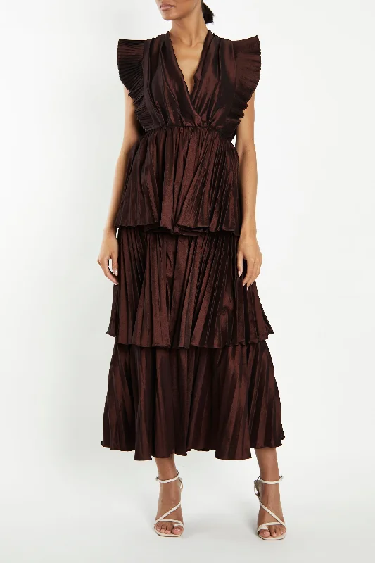 winter dressChocolate Taffeta Pleated Tiered Midaxi Dress