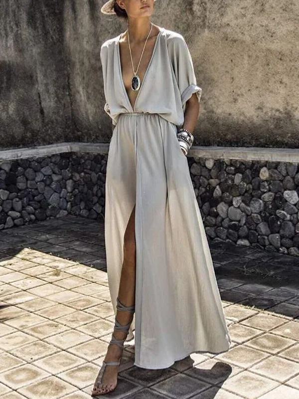 vintage dressSolid V-Neck Mid-Sleeve Slit Dress