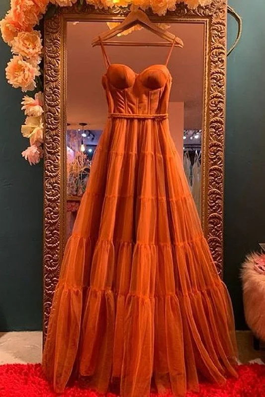 cocktail party dressBurnt Orange Straps Tulle A-Line Long Prom Gown Occasion Dress, DP3474