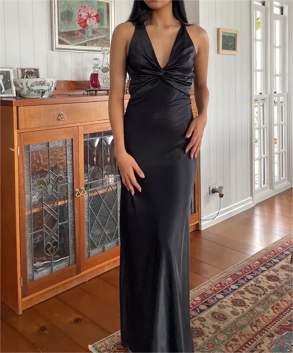 pleated maxi dressBlack V Neck Backless Simple Satin Long Evening Party Dress, DP3019