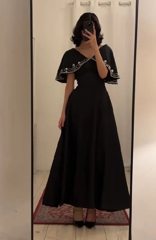 off-shoulder dressBlack V Neck A-Line Long Prom Dress Unique Occasion Dress, DP3476