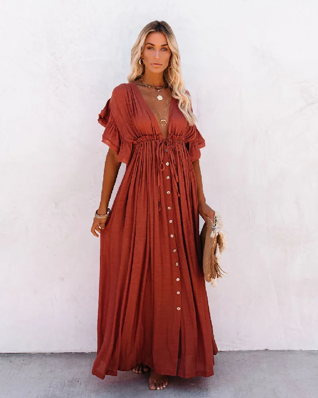 ruched dressKittenAlarm - Anika Pocketed Button Down Ruffle Maxi Dress - Terracotta