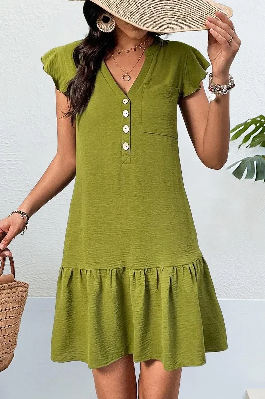 casual shift dressBUTTON DETAIL V NECK RUFFLED WOMEN DRESS