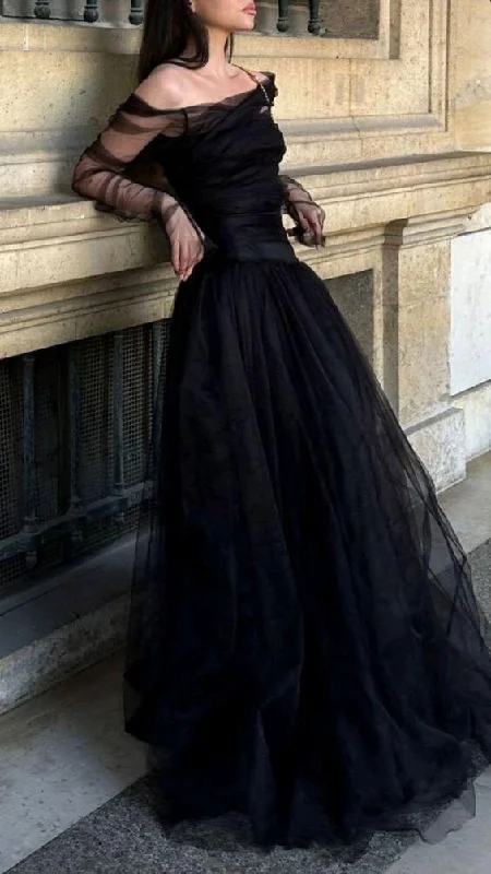 knit dressBlack Off Shoulder A-Line Tulle Long Prom Dress Evening Gown, DP2946