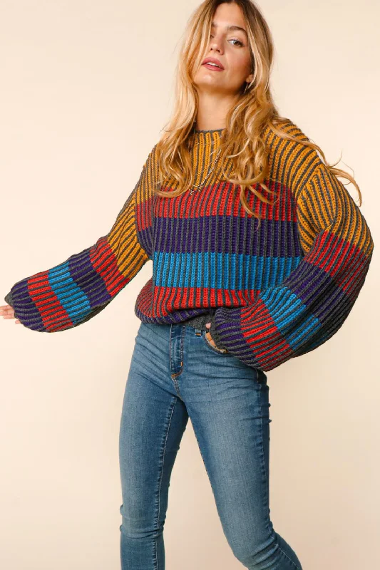 long-sleeve winter jacketPLUS MULTI COLOR STRIPE BUBBLE LONG SLEEVE OVERSIZE SWEATER