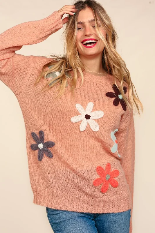 wool coatPlus Terracotta Long Sleeve Flower Patches Sweater Knit Top