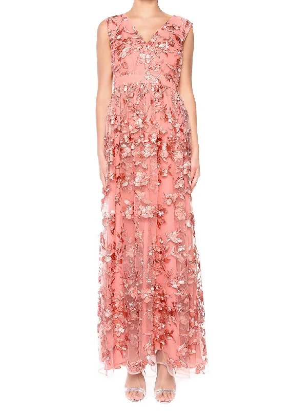 flowy maxi dressLena Pinky Coral Embroidery Sleeveless V-Neck Maxi Dress