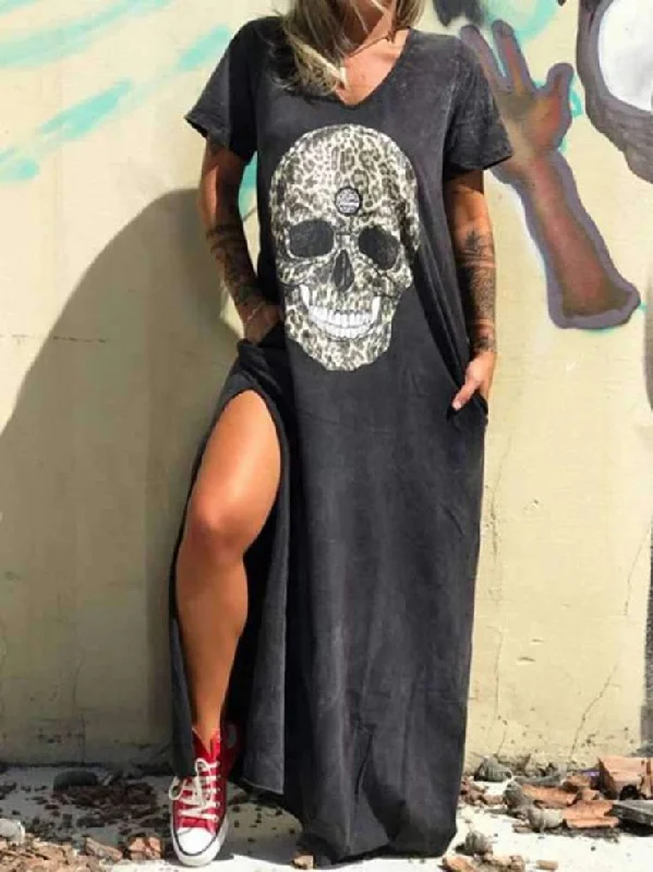 satin midi dressV-neck Short-sleeved Skull Print Slit T-shirt Dress