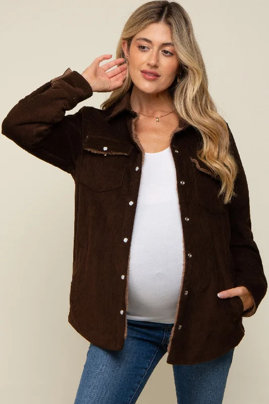 urban casual coatBrown Corduroy Sherpa Lined Maternity Shacket