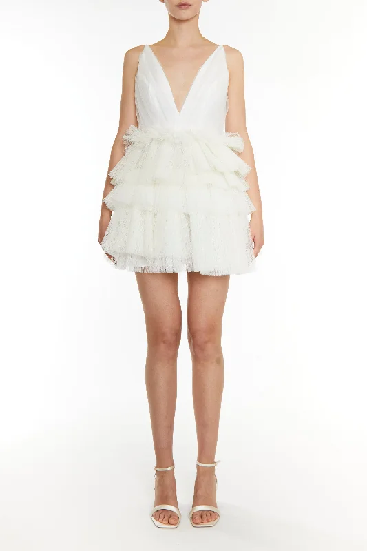 sleek dressWhite Gia Plunge Front Tiered Mini Dress