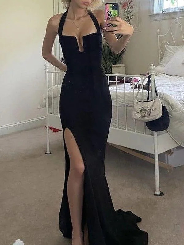 lace-up dressSexy Black Halter Mermaid Long Evening Party Dress with Split, DP3321