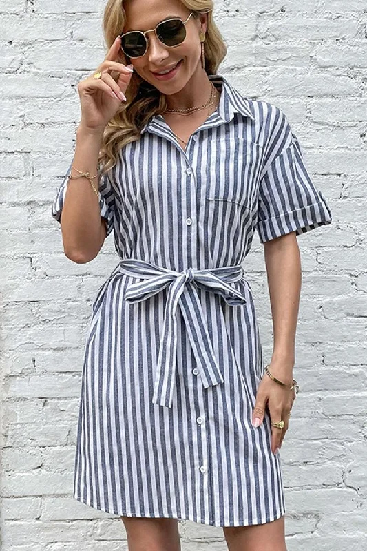 pleated dressWOMEN BUTTON UP STRIPE SLIT DRESS