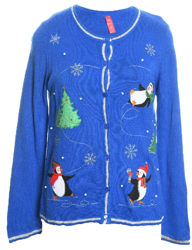 relaxed fit coatChristmas Tree Design Blue Embroidered Cardigan - S