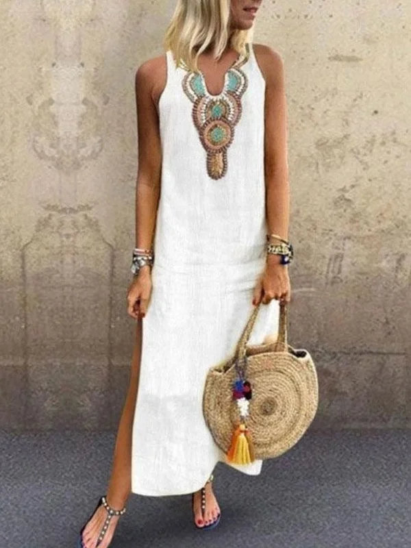 wrap-around dressBohemian Sleeveless Deep V-neck Side Slit Dress