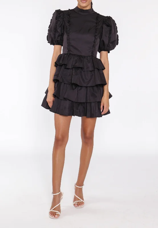 elegant shift dressLucy Black High-Neck Statement Sleeve Mini-Dress