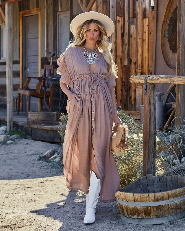 bohemian dressAnika Pocketed Button Down Ruffle Maxi Dress - Light Mocha