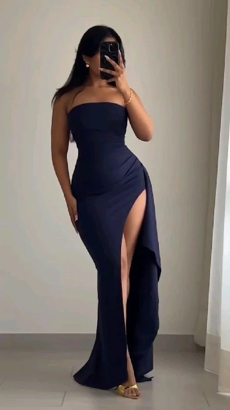 textured dressDark Navy Strapless Sheath Long Party Dress with Slit, DP2924