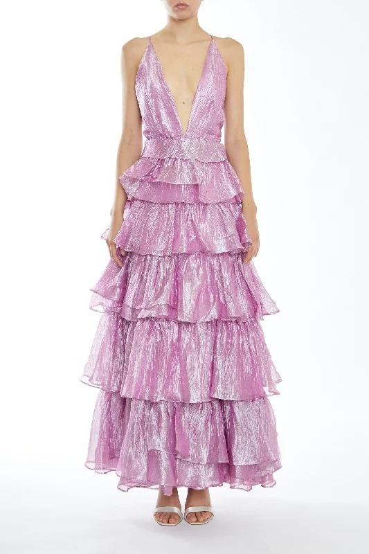 elegant shift dressNova Pink Metallic Pleated Tiers Plunging Maxi-Dress