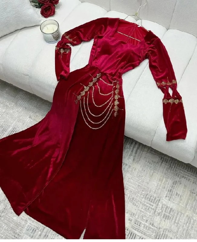 office dressRed Square Neck Long Sleeves A-Line Velvet Long Party Gown, DP3487