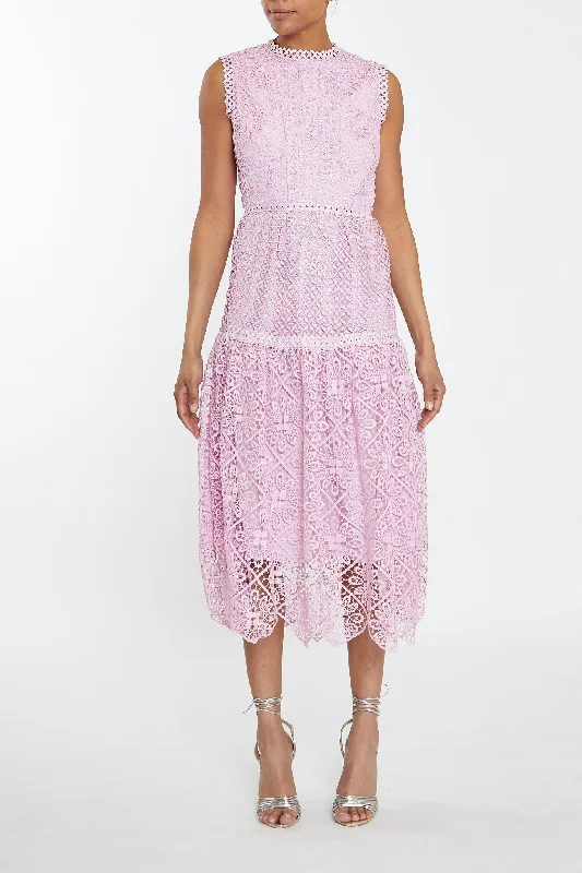 casual midi dressNatalia Candy-Pink Mixed Lace Peplum Midi-Dress