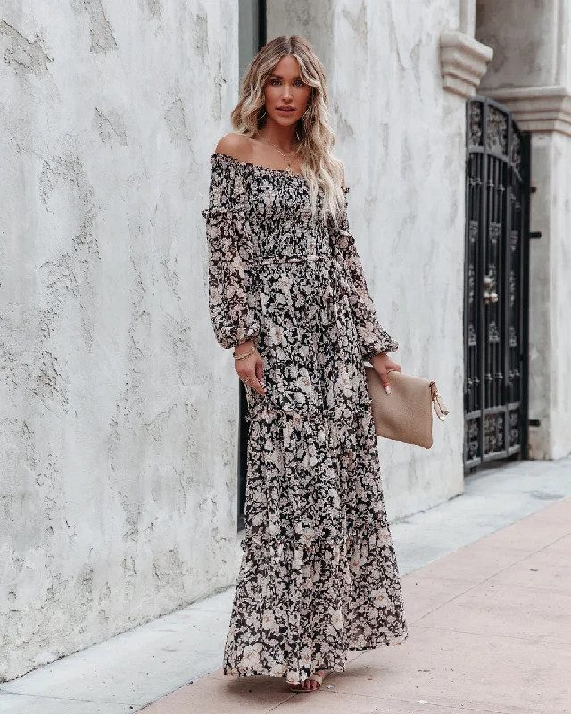 casual slip dressAlexandria Floral Smocked Off The Shoulder Maxi Dress