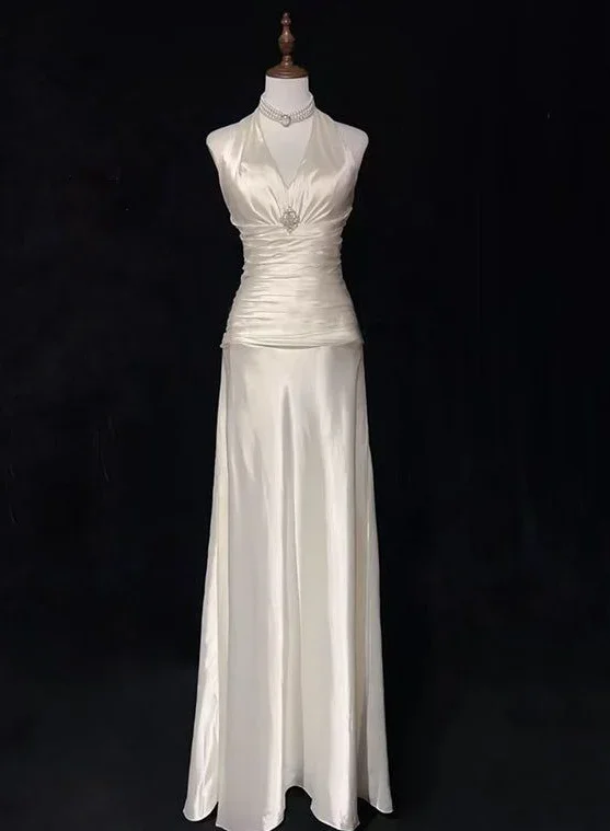 chic shift dressWhite Halter A-Line Satin Vintage Long Prom Gown Wedding Reception Dress, DP3518