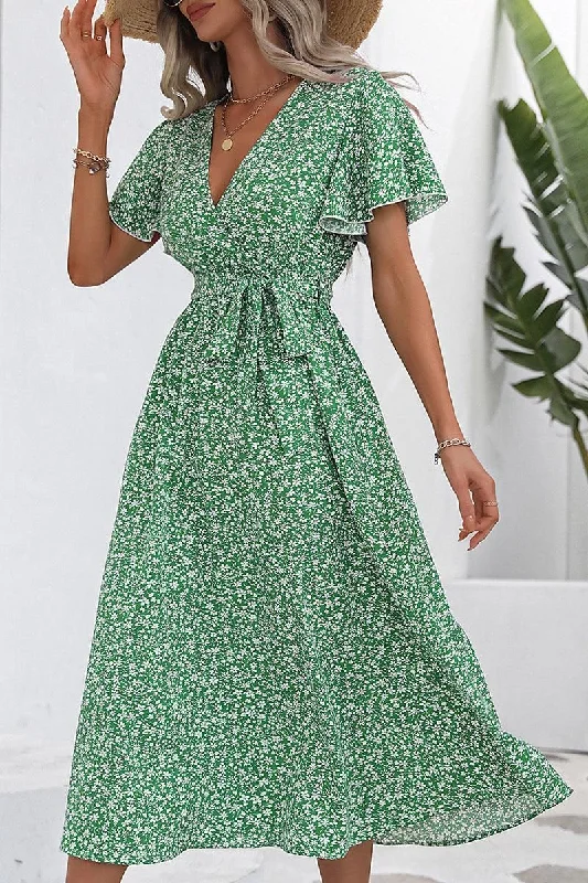 vintage-inspired dressWOMEN RUFFLED SLEEVE HIGH WAIST SWING DRESS