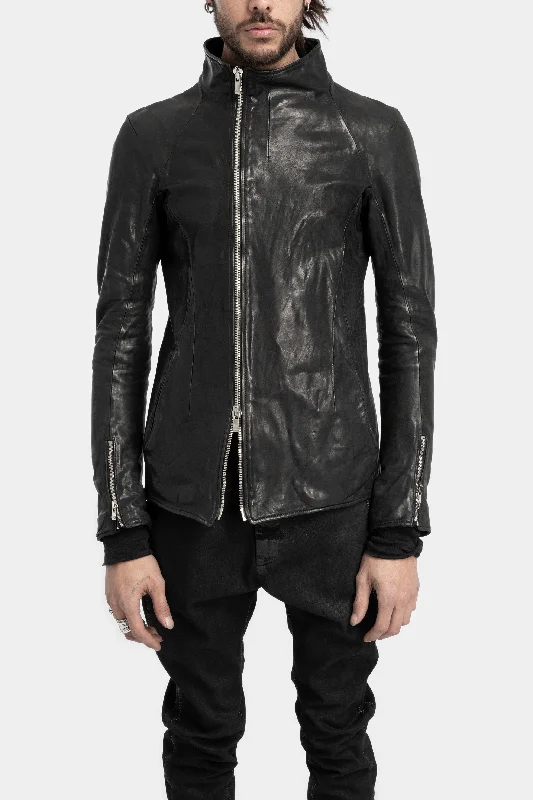 long-sleeve coatHigh neck off center zip calf leather jacket