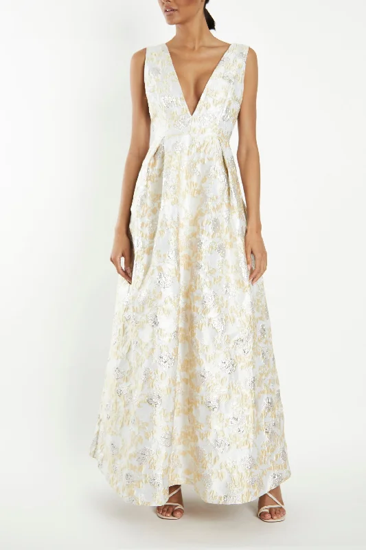 chic shift dressLouise Cream Metallic Brocade Plunging Back Maxi-Dress