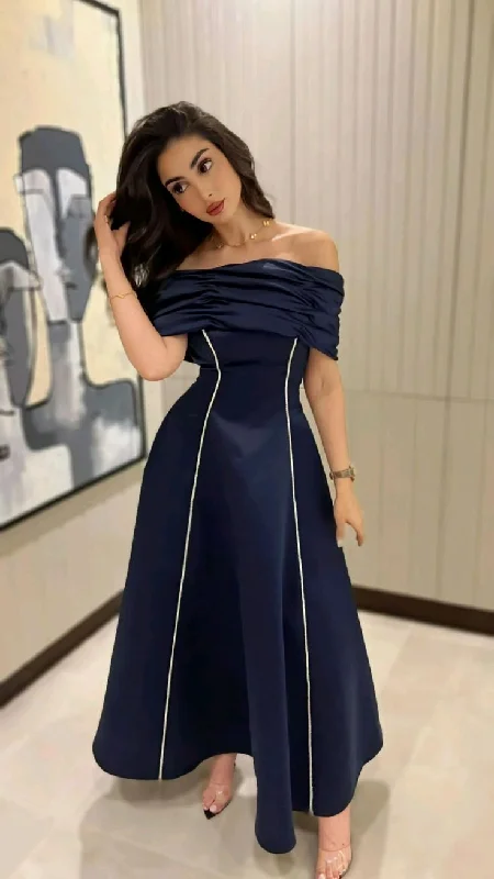 stylish party dressDark Navy Off Shoulder A-Line Long Formal Party Dress Evening Gown, DP3484