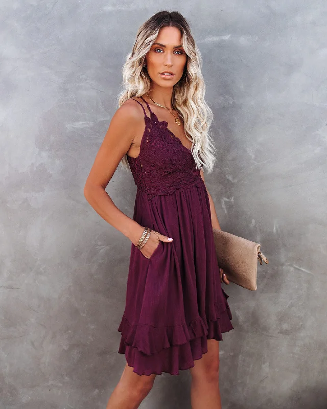 ruched dressBest Of My Love Pocketed Lace Ruffle Dress - Plum