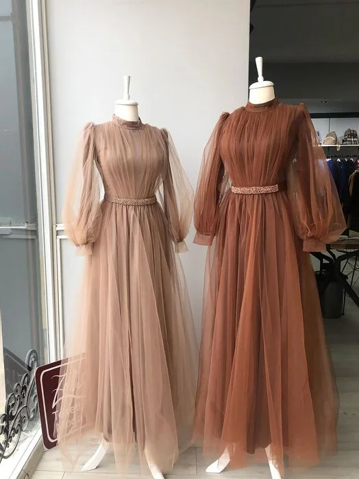 long-sleeve floral dresslong sleeve prom dresses high neck tulle brown vintage a line cheap simple beaded prom gown robes de cocktail,DS4337