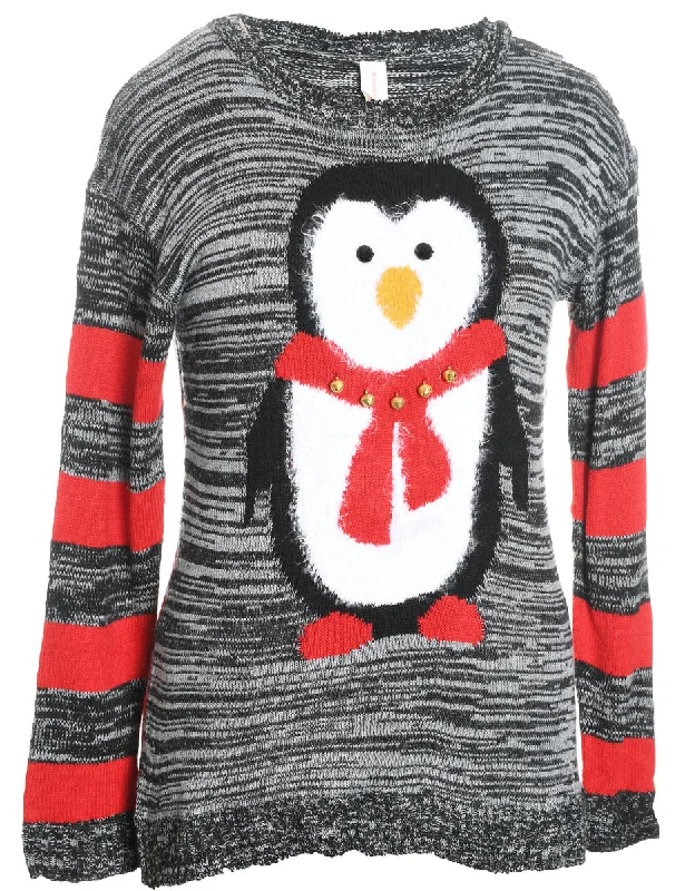 zip-up jacketGrey & Red Striped Knit Christmas Jumper  - M