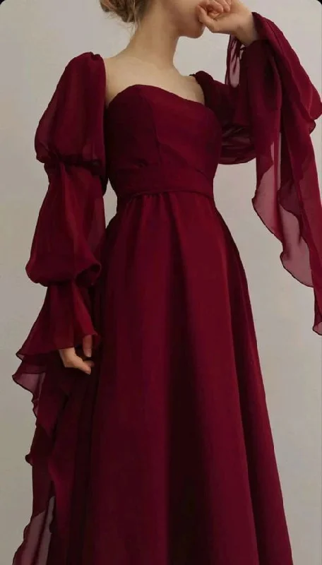 classic fit-and-flare dressWine Red Square Neck Chiffon Long Sleeves Party Dress, DP2841