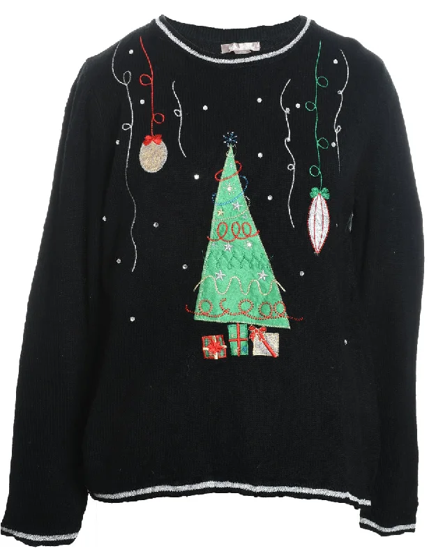 padded coatChristmas Tree Design Black Embroidered Jumper - L