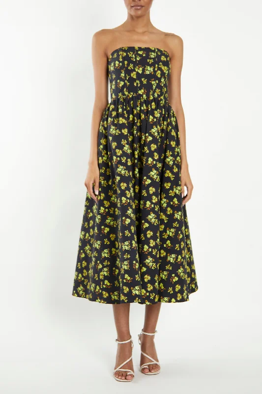 casual slip dressHenrietta Navy-Yellow-Ditsy-Floral Strapless Corset Midi-Dress