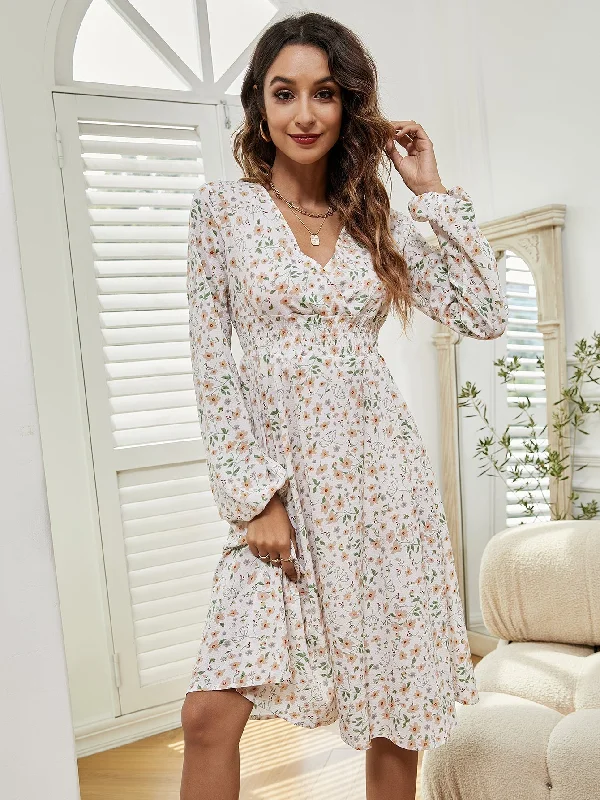 form-fitting dressKittenAlarm - Women V Neck Elastic Waist Floral Print Long Sleeve Maxi Dress