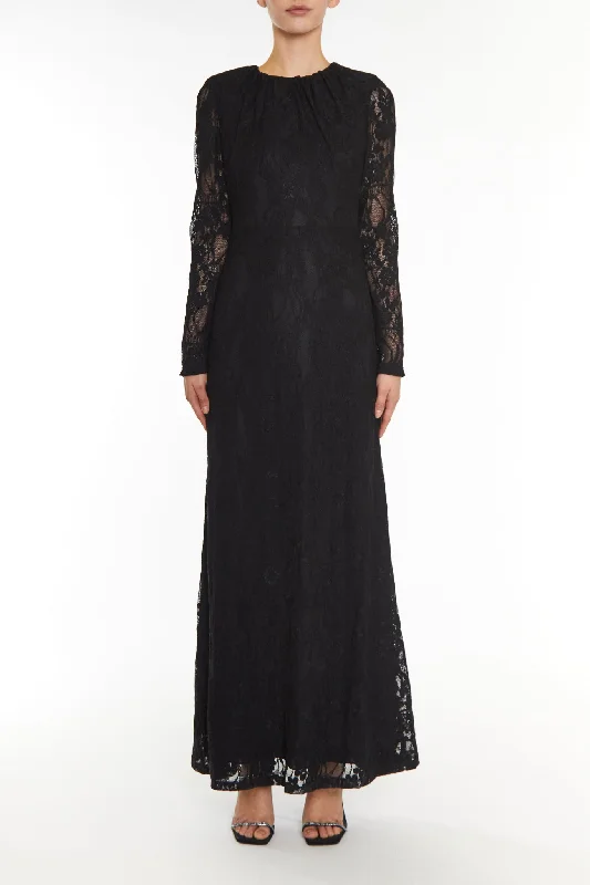 romantic dressSiena Black Lace High Gathered Neck Maxi-Dress