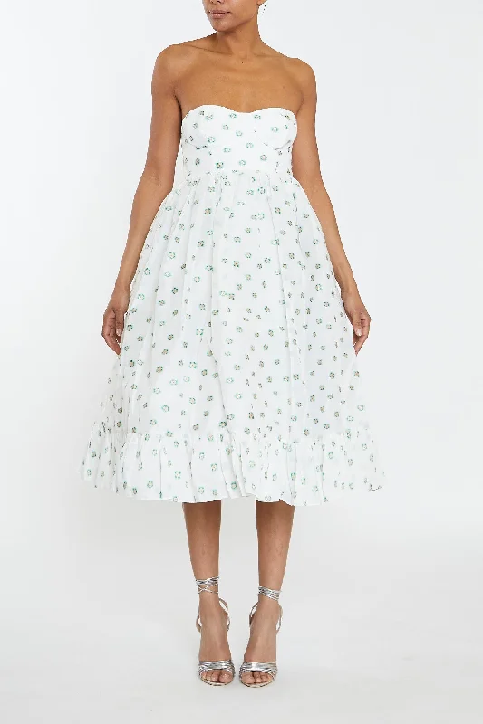 chic shift dressChloe White-Green Organza Bandeau Ruffle Hem Midi-Dress